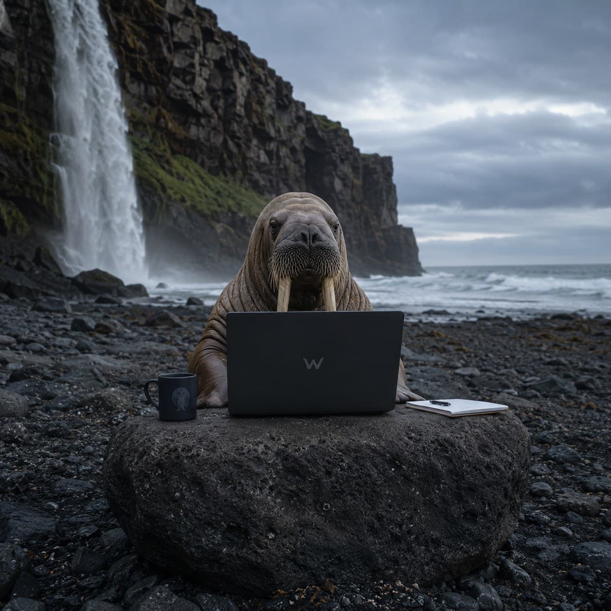 A walrus working on a laptop on a rocky beach, waterfall behind him