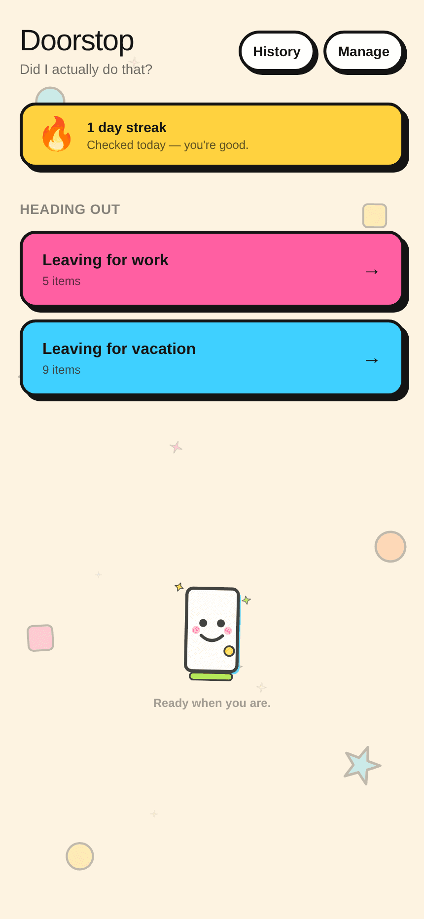 Home screen with active streak and checklist profiles