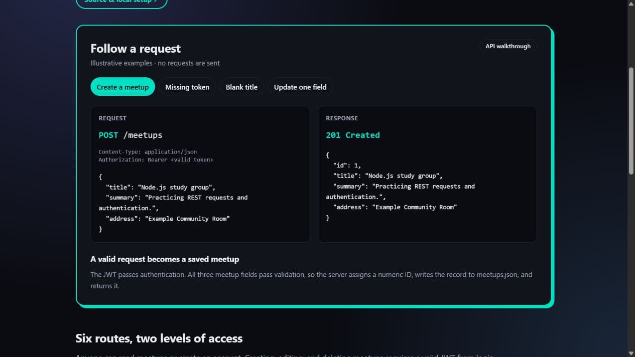 Meetup API walkthrough showing an authenticated POST request and its 201 Created response using sample data