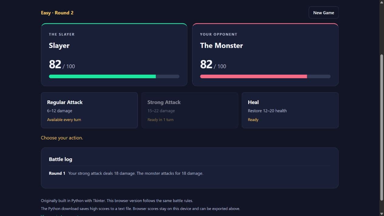 Monster Slayer battle with health bars, attack choices, cooldowns, and a turn-by-turn log