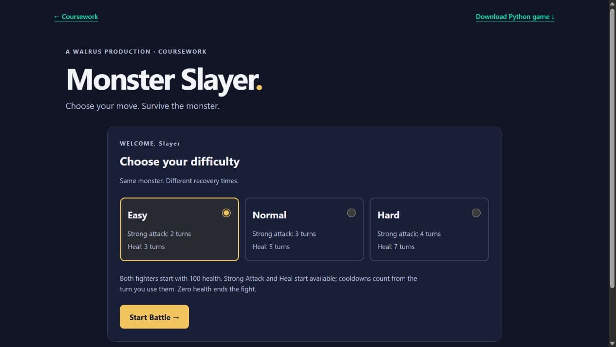 Monster Slayer difficulty selection with Easy, Normal, and Hard attack and healing cooldowns