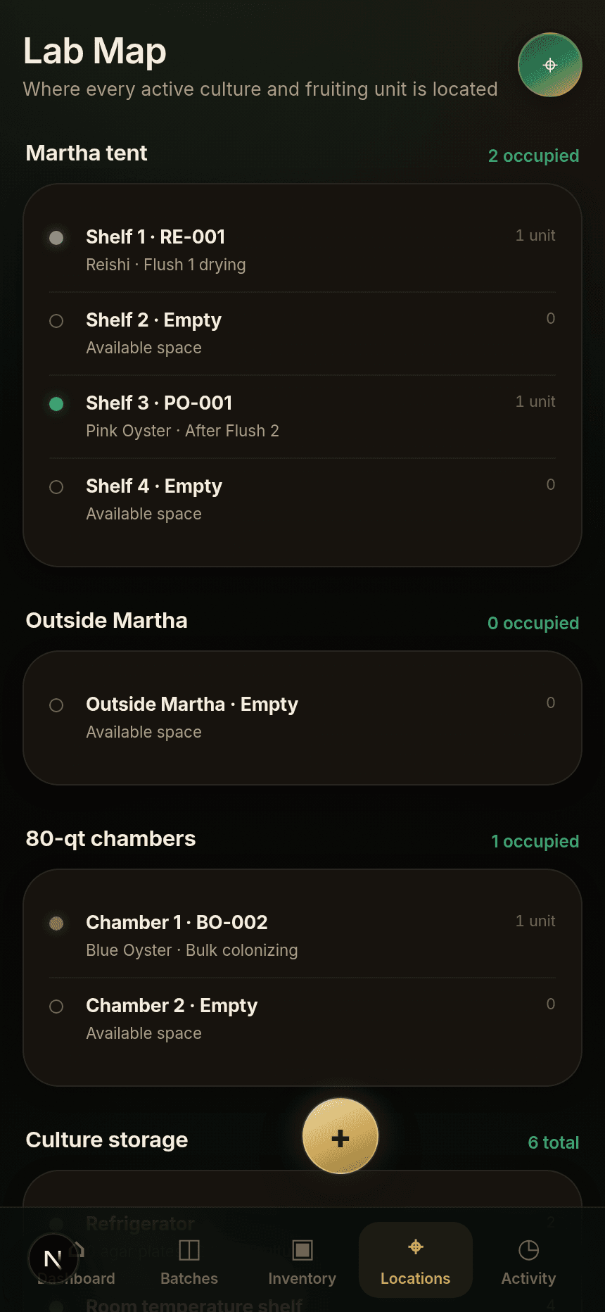 Lab map showing shelf and chamber occupancy