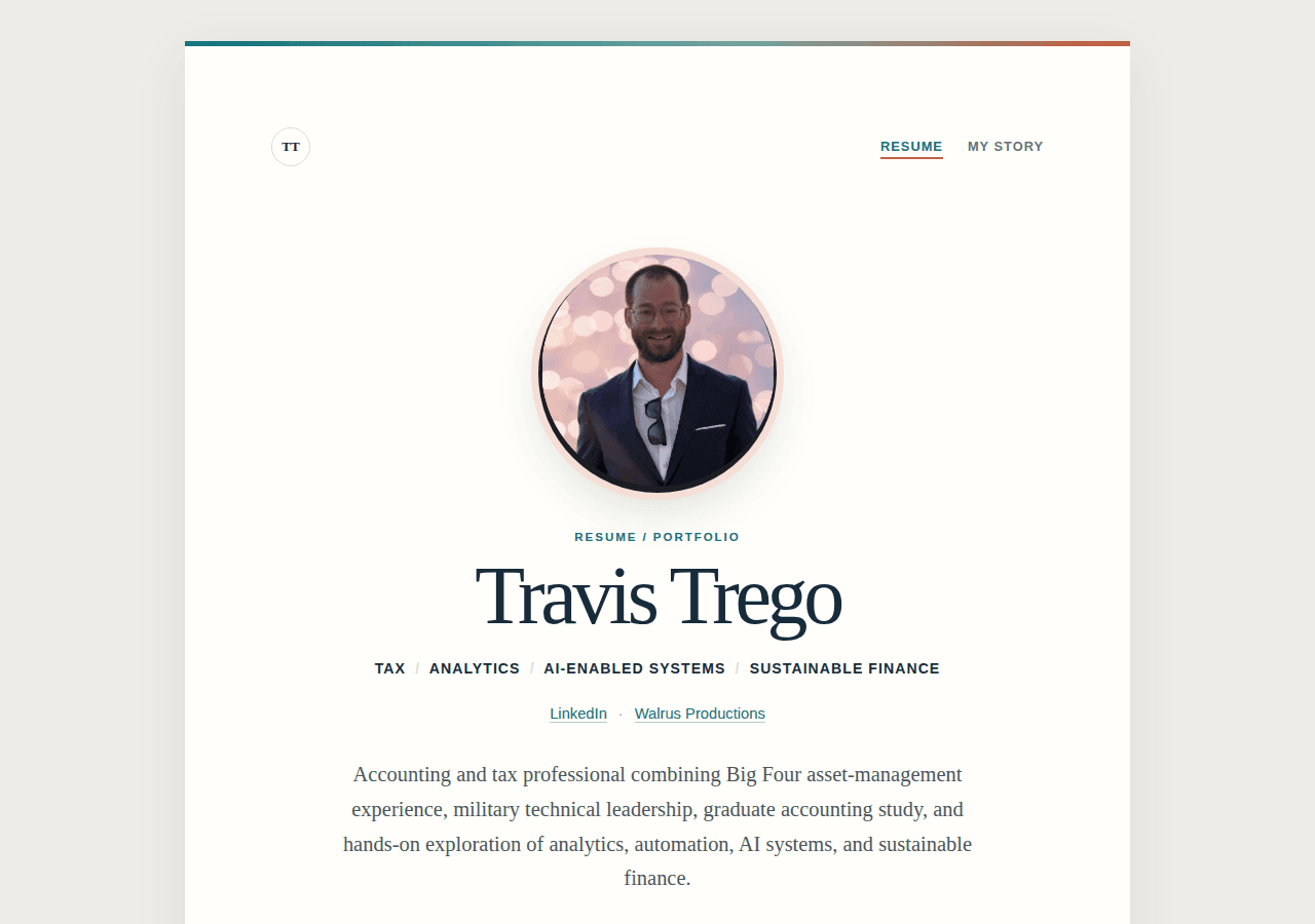 Resume page with portrait, experience timeline, skills, and education