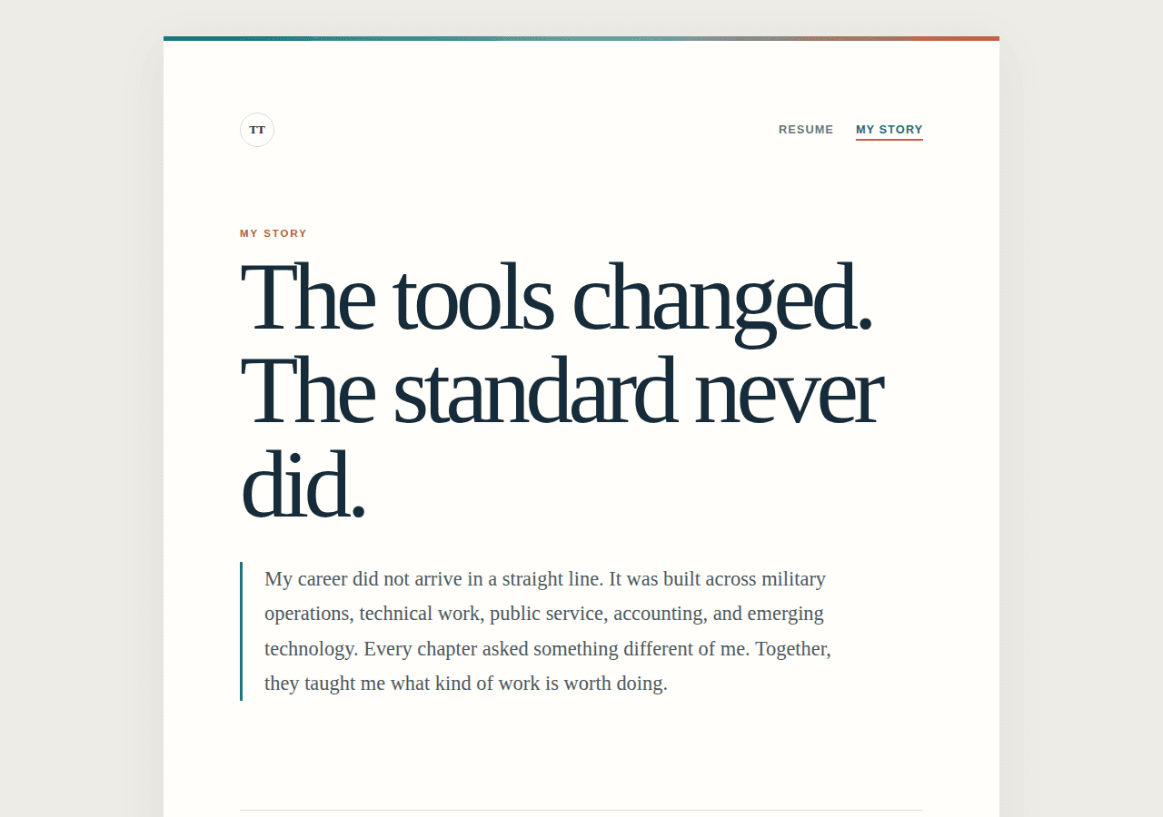My Story page with a four-chapter narrative
