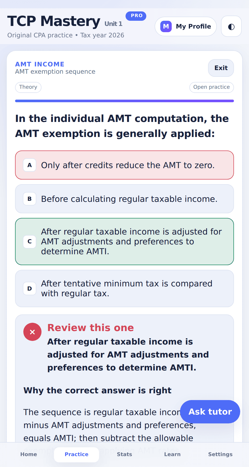 Practice quiz with answer feedback